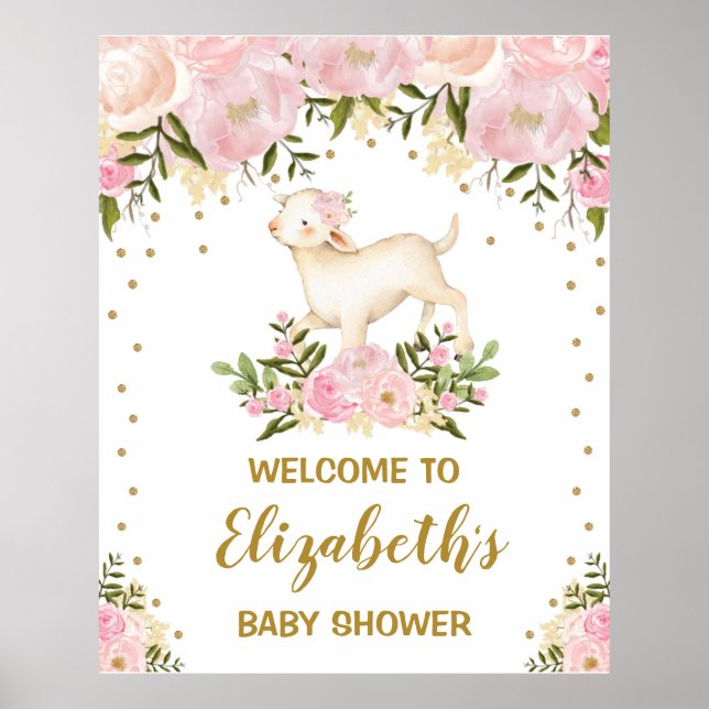 Affiche Fille Lamb Mouton rose Blush Baby shower floral (Devant)