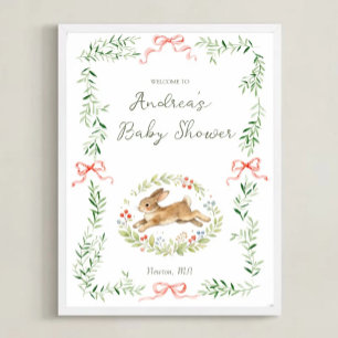 Affiche Fille lapin arc floral rose Bienvenue à la baby sh