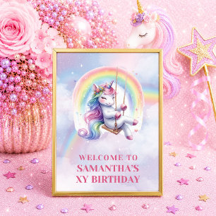 Affiche Fille Licorne Panneau Anniversaire Violet Bienvenu