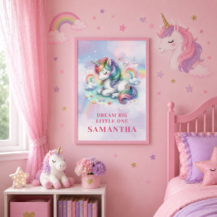 Affiche Fille Licorne Rose Violet Colorée Anniversaire Mur