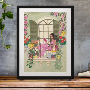 Affiche Fille lisant sur un balcon estival avec des chats