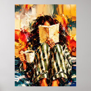 Affiche Fille lisant un livre, peinture cosy et artistique