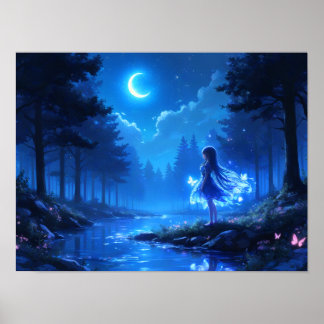 Affiche Fille Lune dans la forêt enchantée