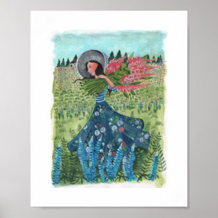Affiche Fille marchant à travers les fleurs des champs