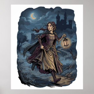 Affiche Fille Médiévale Fantastique Gothique Lanterne Chât