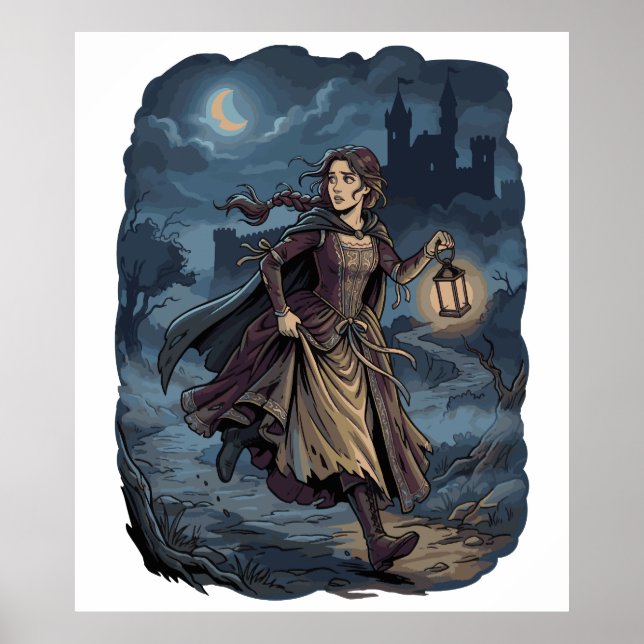 Affiche Fille Médiévale Fantastique Gothique Lanterne Chât (Devant)