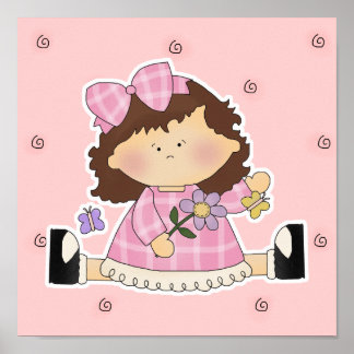 Affiche Fille mignonne assise avec des fleurs et des papil