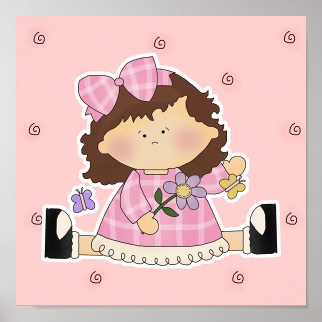 Affiche Fille mignonne assise avec des fleurs et des papil (Devant)