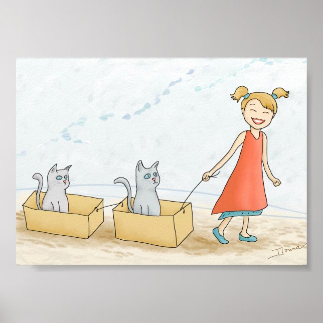 Affiche Fille mignonne promenant des chats graphique (Devant)