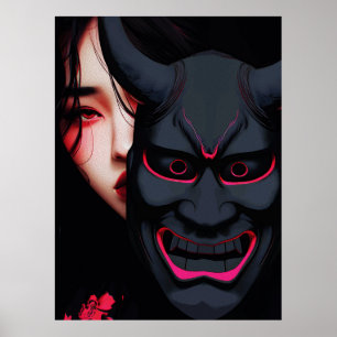Affiche Fille mystérieuse avec masque Oni Horreur japonais
