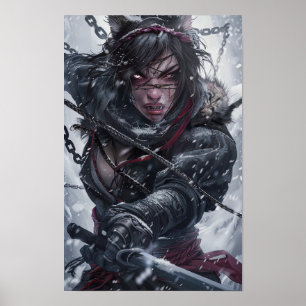 Affiche Fille mystique Ninja avec des dents de tigre comba