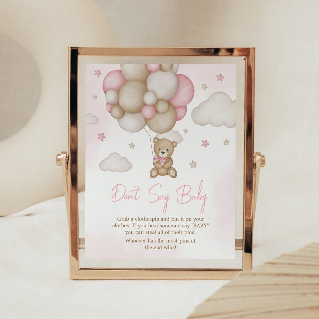 Affiche Fille ours Baby shower de ballon ne pas dire bébé (Pink Boho Bear Balloon Baby Shower Don't Say Baby Sign)