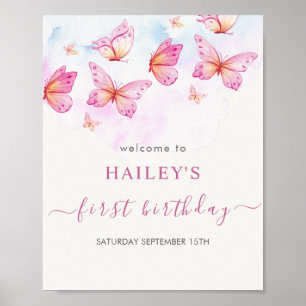 Affiche Fille Papillon Aquarelle Élégante 1er Anniversaire
