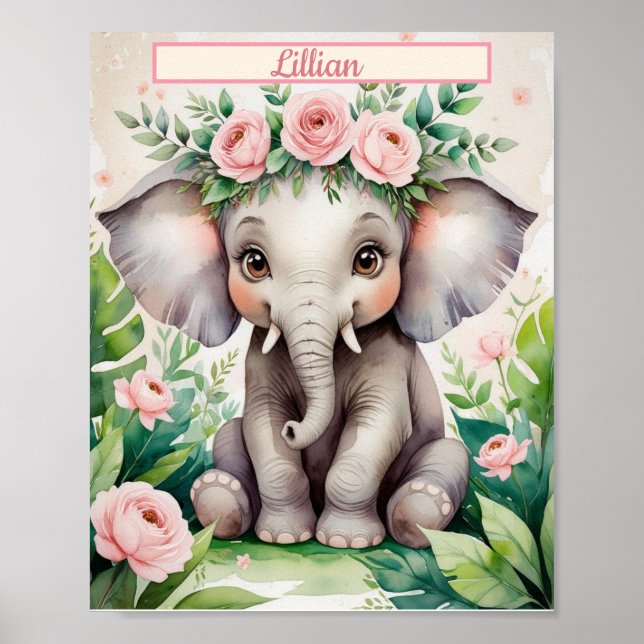 Affiche Fille personnalisée Nursery Aquarelle bébé Eléphan (Devant)