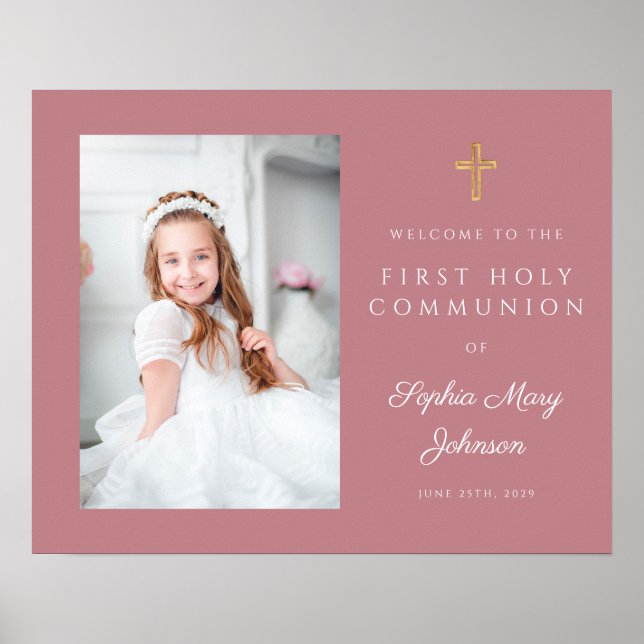 Affiche Fille Photo Première Communion Rose Bienvenue (Devant)