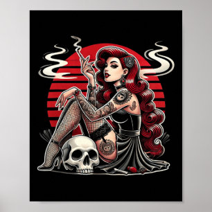 Affiche Fille pin-up goth tatouée avec crâne horreur vinta