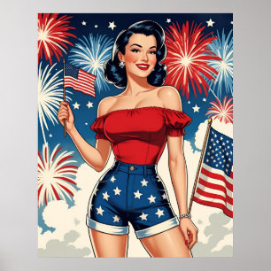 Affiche Fille Pin-Up Patriotique – Style Rétro 4 Juillet