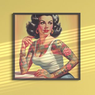 Affiche Fille pin-up tatouée vintage