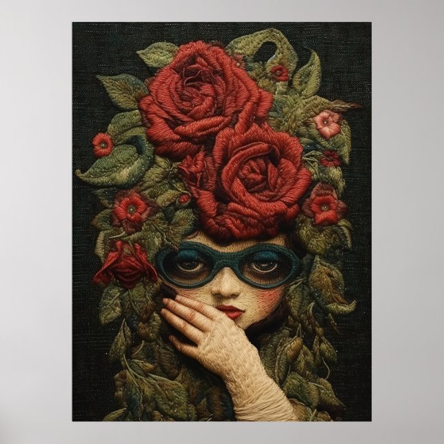 Affiche Fille portant des lunettes et des broderies Roses (Devant)