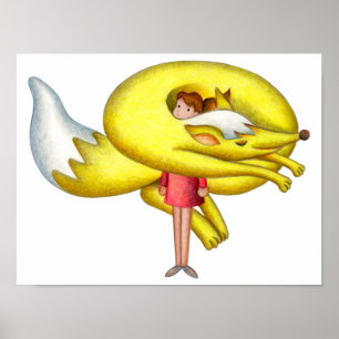Affiche Fille portant une écharpe à motif renard.