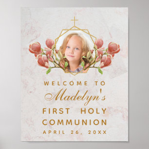 Affiche Fille première communion Photo rose Magnolia Bienv