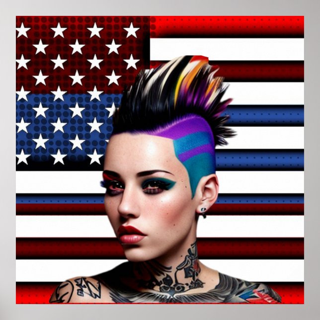 Affiche Fille punk mohawk avec drapeau américain (Devant)