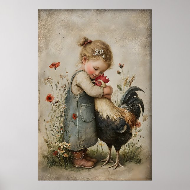Affiche Fille qui étreint un coq imprimable, poule rustiqu (Devant)