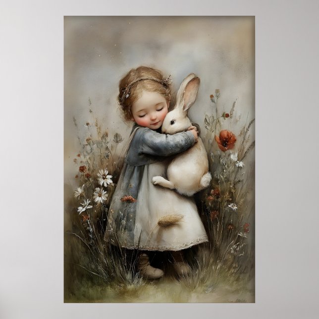 Affiche Fille qui étreint un lapin imprimable, Lapin Rusti (Devant)