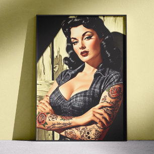 Affiche Fille rétro tatouée pin-up