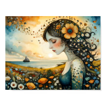 Fille rêvant de naviguer sur une mer de fleurs