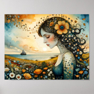 Affiche Fille rêvant de naviguer sur une mer de fleurs