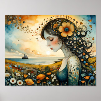 Affiche Fille rêvant de naviguer sur une mer de fleurs