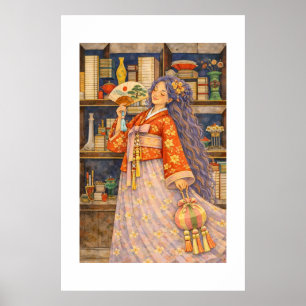Affiche Fille rêveuse en Hanbok coréen avec éventail et No