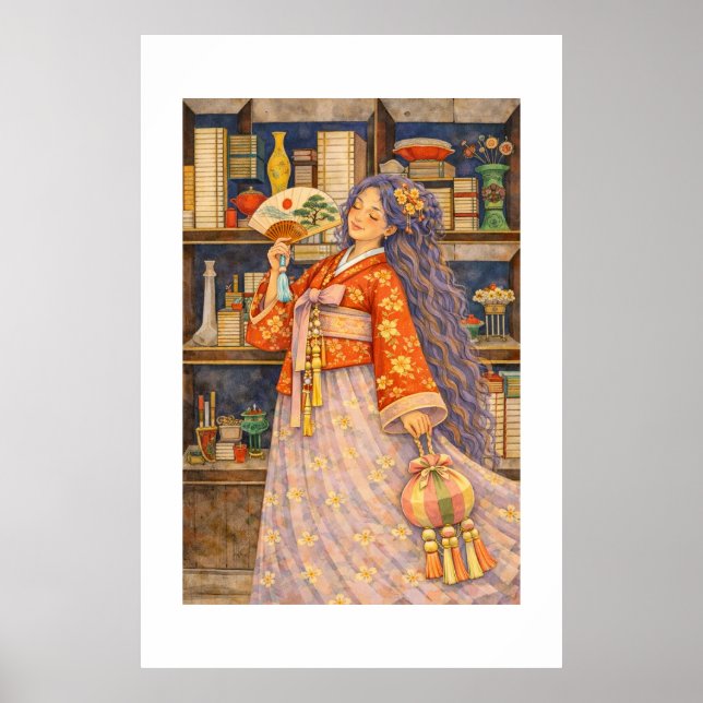 Affiche Fille rêveuse en Hanbok coréen avec éventail et No (Devant)