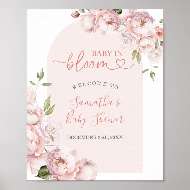Affiche Fille rose Baby shower bébé en fleurs Bienvenue (Devant)