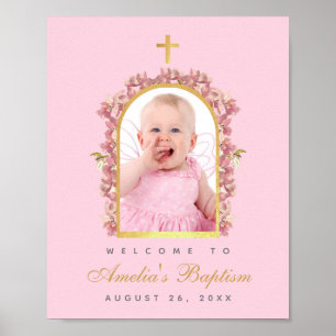 Affiche Fille Rose Baptême Photo Arche Dorée Orchidées Bie