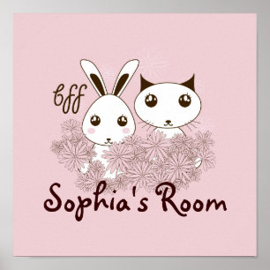 Affiche Fille rose BFF mignonne Cartoon Kitten et Bunny Ki