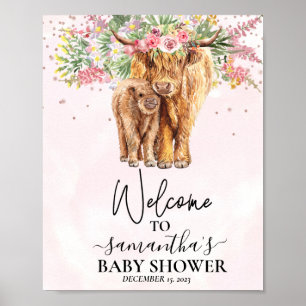 Affiche Fille Rose Bienvenue Highland Vache Veau Baby Show