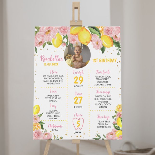 Affiche Fille rose Fleur Citron 1er anniversaire Jalon (Créateur téléchargé)