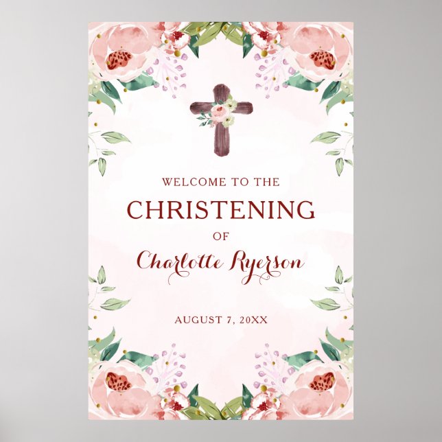 Affiche Fille rose Floral Christening Bienvenue (Devant)