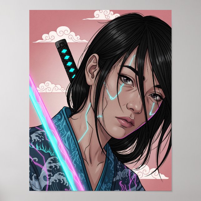 Affiche Fille Samouraï Cyberpunk (Devant)