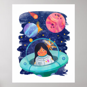 Affiche Fille Saucisse Volante Astronaute Espace Extérieur