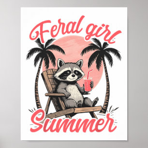 Affiche Fille Sauvage Vacances d'Été Plage Raton Laveur Mè
