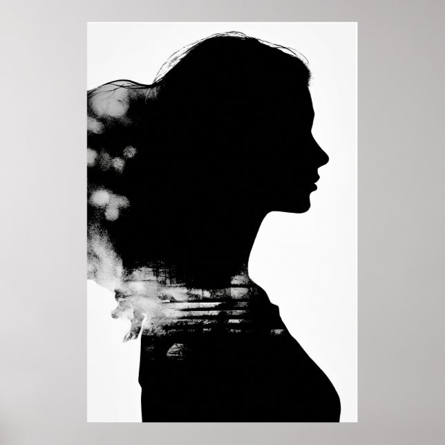 Affiche Fille Silhouette Scénique Art Moderne Noir & Blanc (Devant)