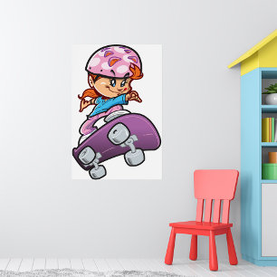 Affiche Fille skatrice casque rose planche à roulettes