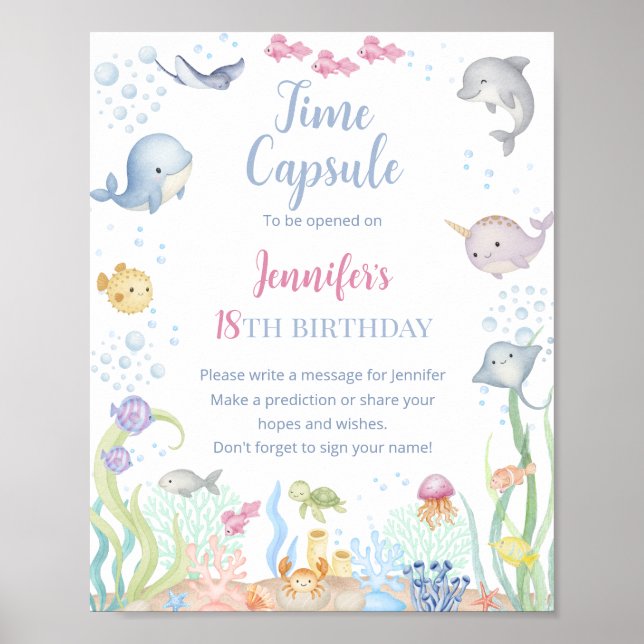 Affiche Fille sous l'eau aquarelle Anniversaire Temps (Devant)