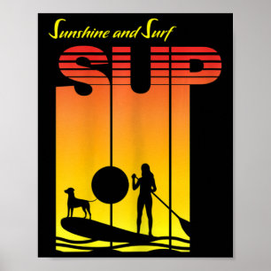 Affiche Fille Sup Chien Planche De Paddle Debout Pagaie Co