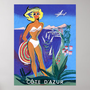 Affiche Fille sur la plage, Côte d'Azur française
