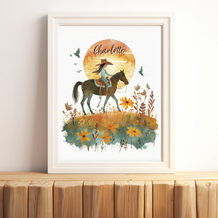 Affiche Fille sur le couché de soleil de cheval Nom person