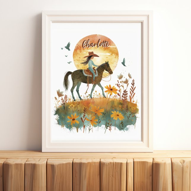 Affiche Fille sur le couché de soleil de cheval Nom person (Créateur téléchargé)
